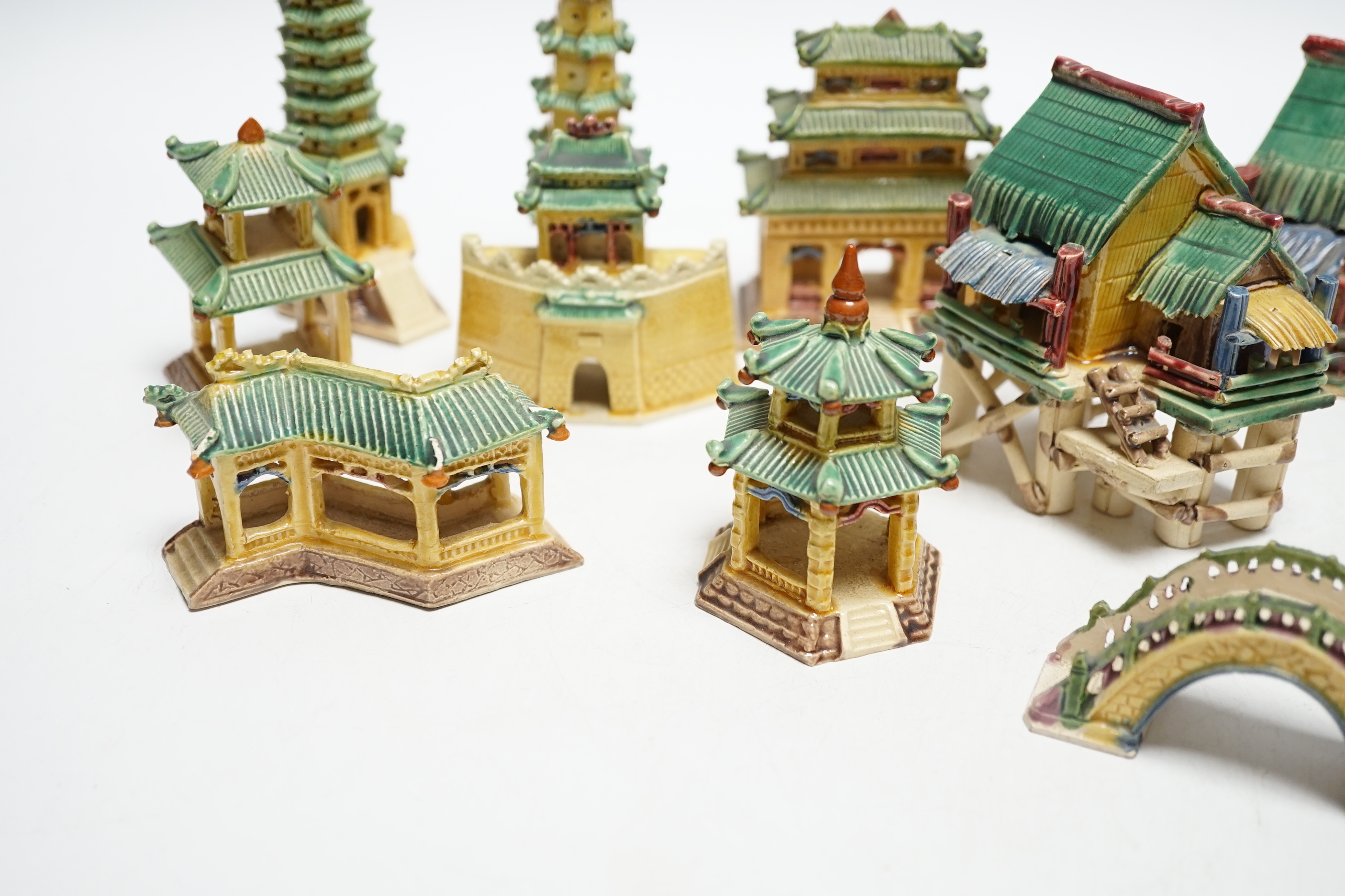 Chinese sancai glazed models of houses, a dish and a cloisonne pot, cloisonné pot 10cm high